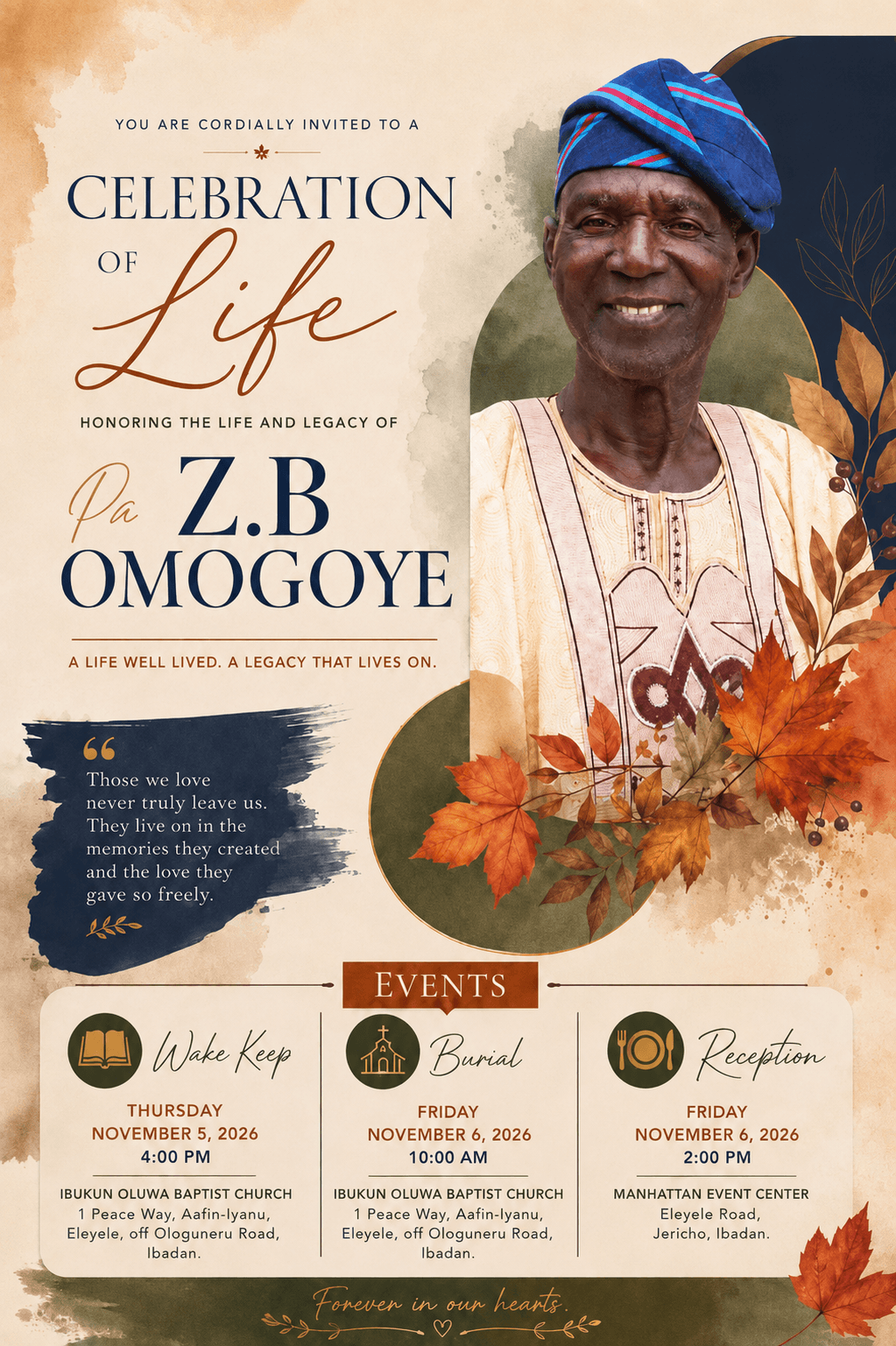 Celebration of Life invitation for Pa Z.B. Omogoye